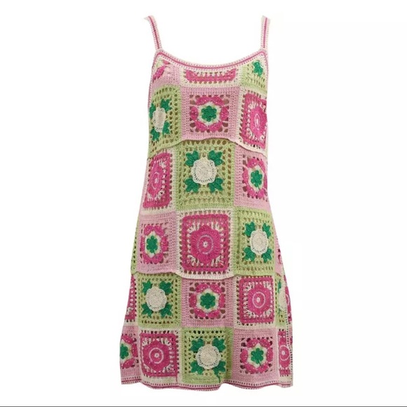 Crochet Knit Cut Out Sleeveless Spaghetti Strap Summer Patchwork Mini Dress - Picture 5 of 12